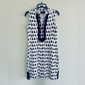 Duffield Lane Mackinac Sailboat Sleeveless Mini Dress in White/Navy Blue, XS